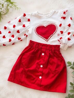 Girls Red Heart Pearl-Trim Two-Piece Skirt Set (think Valentine!)